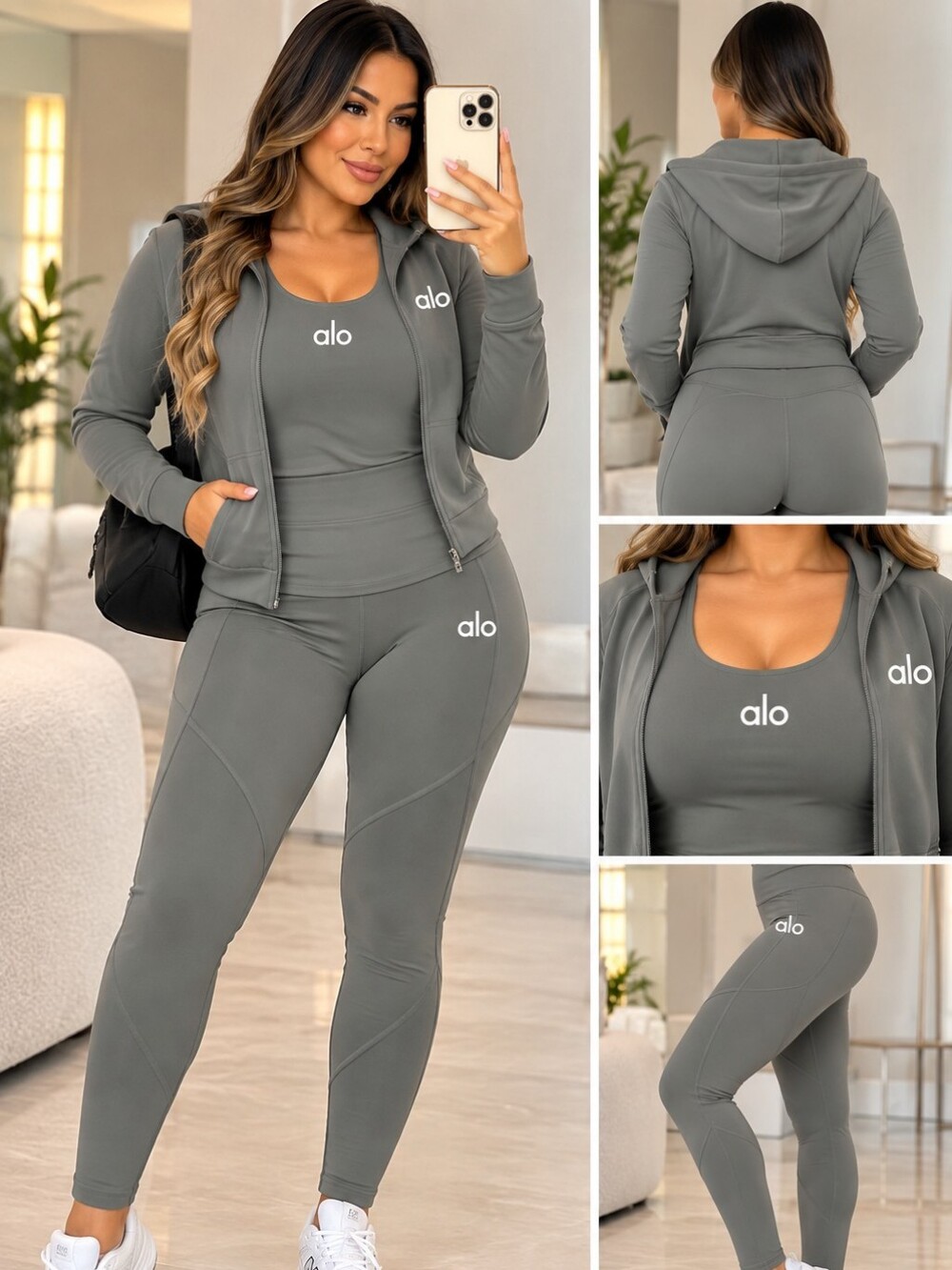 ALO Yoga Women's Olive Gray High-Rise Leggings & Tank Set